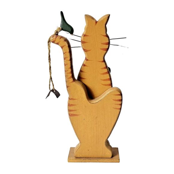 Cat Folk Art Wooden Figure with Bird Wire Whiskers 8" Primitive Tabby - Picture 4 of 8